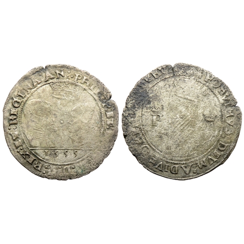 417A - Philip & Mary Irish Shilling. 1554-1558 AD. Base silver issue, 1555. Busts face to face beneath ... 