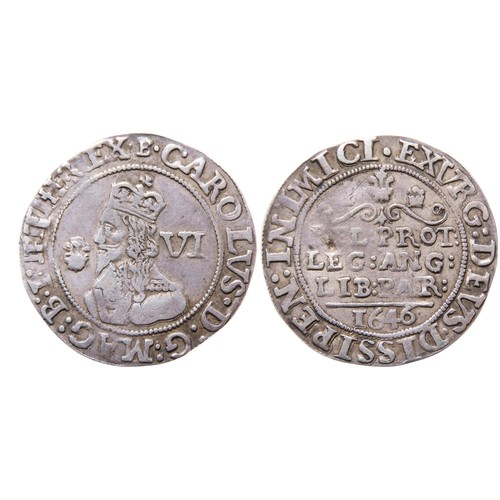 446A - Charles I Sixpence. Late Declaration 1645-1646. Bridgenorth-on-Severn. Mint mark B, 1646. Crowned bu... 