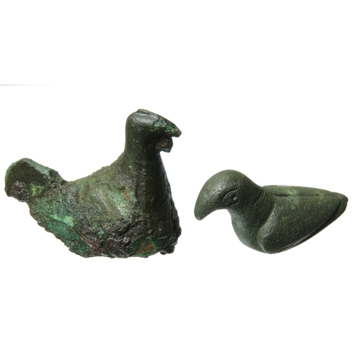 49 - Roman bronze miniature birds, a cockerel and possibly an eagle. 36mm, 17.4g & 29mm, 12.4g. Cocke... 