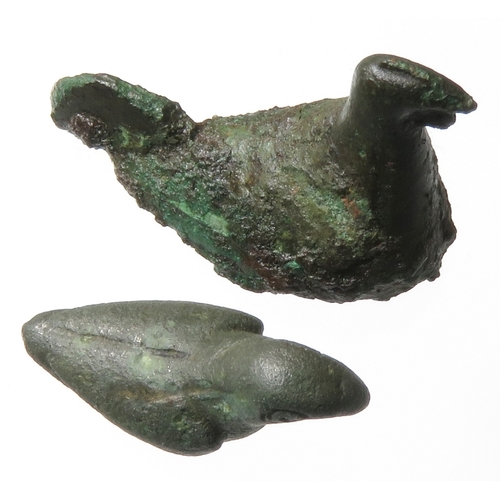 49 - Roman bronze miniature birds, a cockerel and possibly an eagle. 36mm, 17.4g & 29mm, 12.4g. Cocke... 