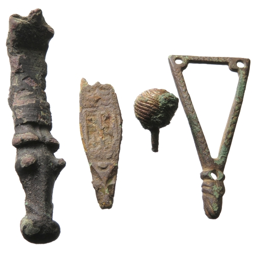 74 - Anglo-Saxon and Medieval artefact group (4). To include a strap end, zoomorphic terminal from a cruc... 