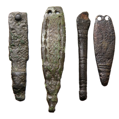 75 - Anglo-Saxon strap end group (4). 9th - 10th century AD. Each with stylised animal head terminals and... 