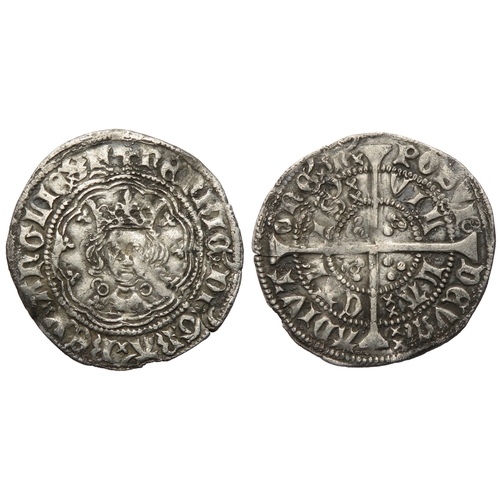 342 - Henry VI halfgroat, Calais. Annulet issue, 1422-30 AD. Crowned facing bust, annulets at neck, +HENRI... 