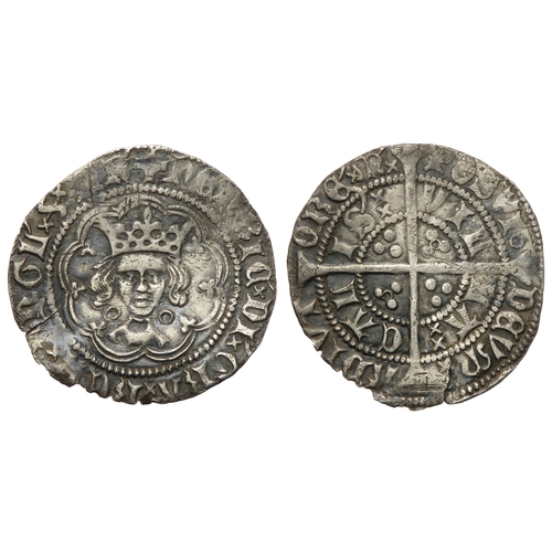 343 - Henry VI halfgroat, Calais. Annulet issue, 1422-30 AD. Crowned facing bust, annulets at neck, +HENRI... 