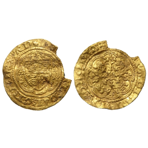 335 - Henry IV gold quarter noble. Light coinage, 1412-13 AD. Shield of arms within tressure, trefoils and... 