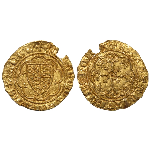 325 - Edward III quarter noble. Treaty period, 1361-69 AD. Gold, 19mm, 1.93g. Shield of arms within tressu... 