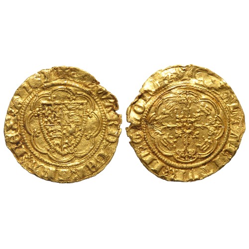 326 - Edward III quarter noble. Treaty period, 1361-69 AD. Gold, 20mm, 1.94g. Shield of arms within tressu... 