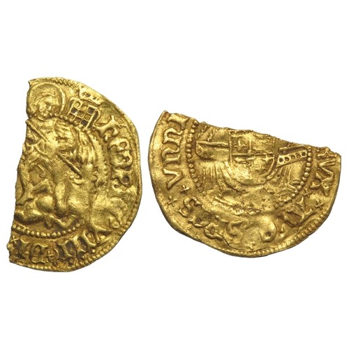 390 - Henry VIII half angel (broken). First coinage, 1509-26. St Michael with spear, dragon at his feet, H... 