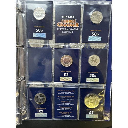 509 - Large Change Checker Folder Containing Uk coinage, to include; 10p, 50p, £2, £5 Coin sets. 2016 Beat... 