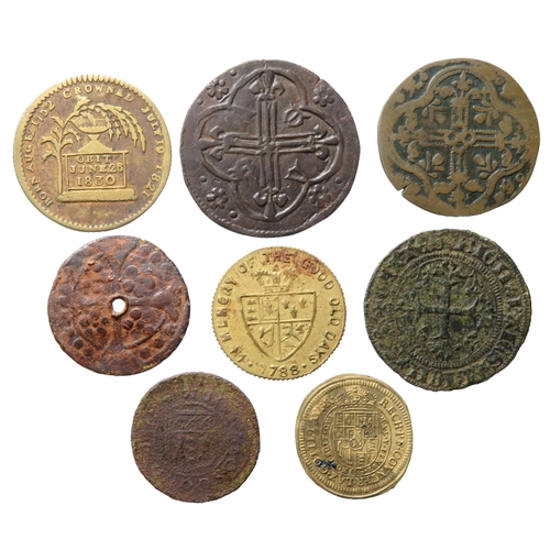 515 - Jeton and token group including two French Medieval jetons and a Lincoln 17th century token. Largest... 