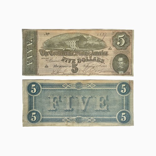 516 - The Confederate States of America 1864 five dollar bank note. Capitol of Richmond, Virginia in centr... 