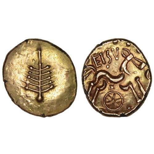 Dobunni, Eisu Tree gold stater c. AD 20-43. Obverse: Spiky tree symbol on plain field. Rev: Disjointed horse right with ‘safety pin’ head, EISV and hidden face above, six-spoked wheel below, pellets and crosses in field. A bold strike on a large flan of bright gold. Extremely fine condition with magnificent tree; horse, wheel, and inscription displayed in full. 20mm, 5.34g. ABC 2078, VA 1105, BMC 3039-42, S 381.