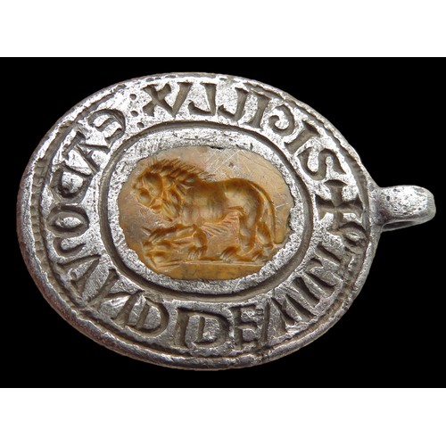 440 - Medieval silver seal matrix inset with a Roman jasper intaglio featuring a lion with its front paw r...