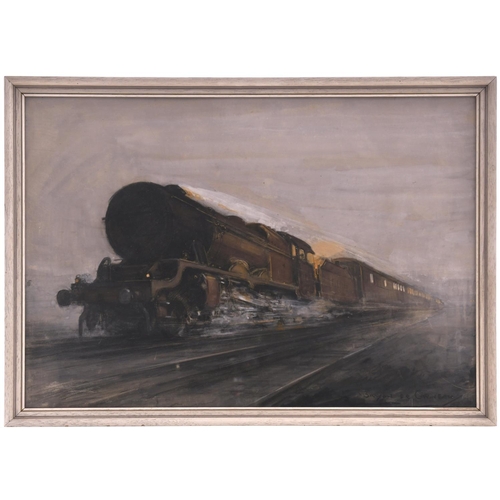 170 - An original painting featuring an LMS Royal Scot hauled express. The artist produced several famous ... 