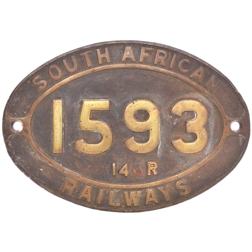 182 - A South African Railways cabside numberplate, 1593, from a 3ft 6ins gauge Class 14A 4-8-2 built by t... 