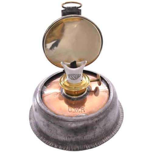 194 - A GWR three aspect copper top handlamp with the company initials etched into the front glass and mar... 