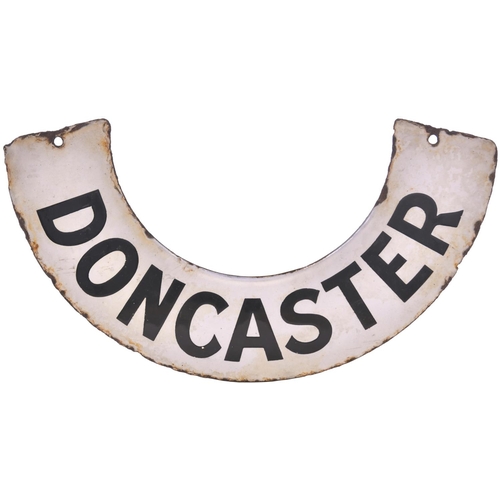 195 - An LNER platform lamp tablet, DONCASTER, semicircular to fix under the glass globe of a gas lamp. En... 