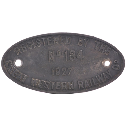 131 - A locomotive registration plate, REGISTERED BY THE GREAT WESTERN RAILWAY, No 134, 1927, from a 0-6-0... 