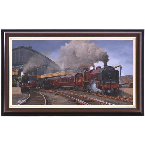 144 - An original painting, LMS Patriot 5525 COLWYN BAY leaving Bristol Temple Meads in the 1930s by Barry... 