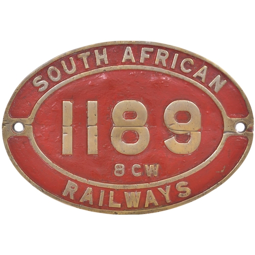 156 - A South African Railways cabside numberplate, 1189, from a Central South African Railways 3ft 6ins g... 