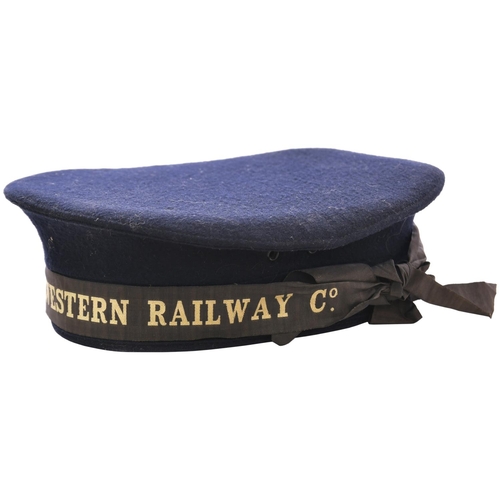 183 - A London and North Western Railway sailor's cap, black felt, silk and leather lining, woven black an... 