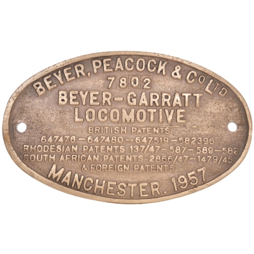 67 - A worksplate, BEYER PEACOCK, 7802, 1957, from a 3ft 6ins gauge Rhodesia Railways Class 20A 4-8-2+2-8... 