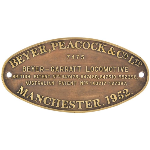 75 - A worksplate, BEYER PEACOCK, 7475, 1952, from a New South Wales Government Railways standard gauge A... 