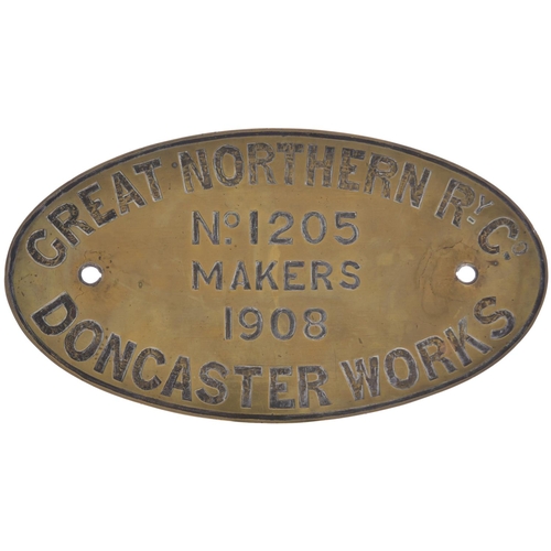 85 - A worksplate, GREAT NORTHERN RAILWAY, 1205, DONCASTER, 1908, from a GNR Class J21 0-6-0 No 5 which b... 