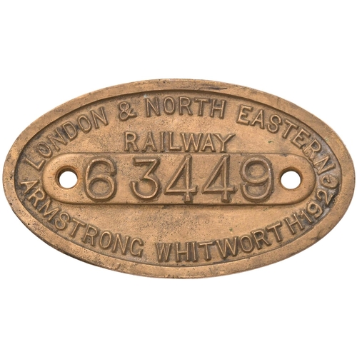 88 - A worksplate, LONDON & NORTH EASTERN RAILWAY, 63449, A.W. 1920, from a North Eastern Railway Class T... 