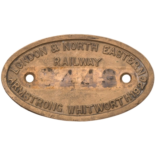 88 - A worksplate, LONDON & NORTH EASTERN RAILWAY, 63449, A.W. 1920, from a North Eastern Railway Class T... 