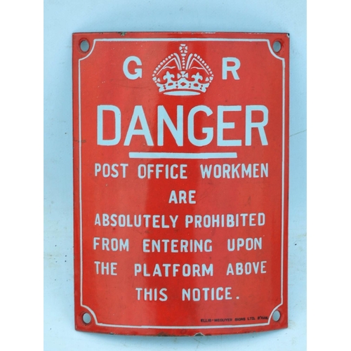 100 - GR enamel curved notice re Post Office workmen not working above platform, Ellis Meguire signs B'ham... 