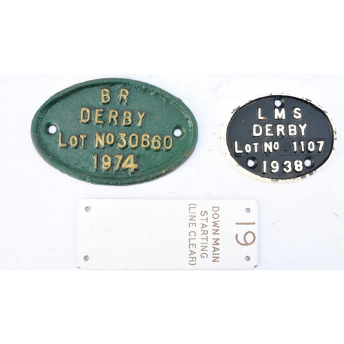 125 - British Railway coach plates, LMS Derby 1938, BR Derby 30860 1974, + lever plate. (3) (Postage Band:... 