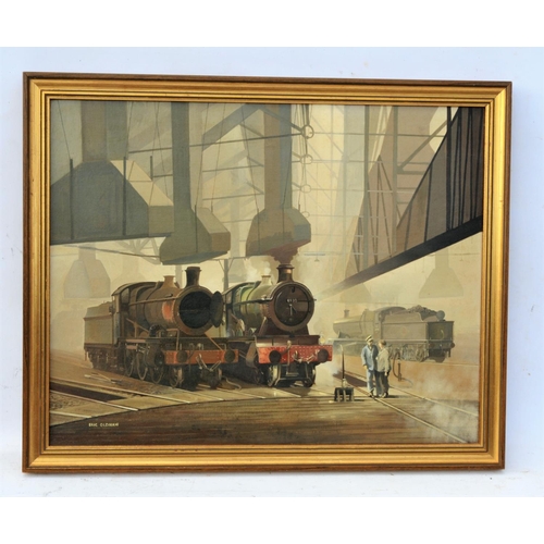 173 - Framed oil painting on canvas showing Old Oak Common roundhouse interior with locomotives, Eric Oldh... 