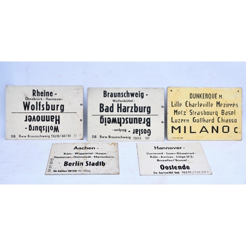 214 - European train carriage route plates (on steel), destinations include - Milano, Berlin, Oostende, Ha... 