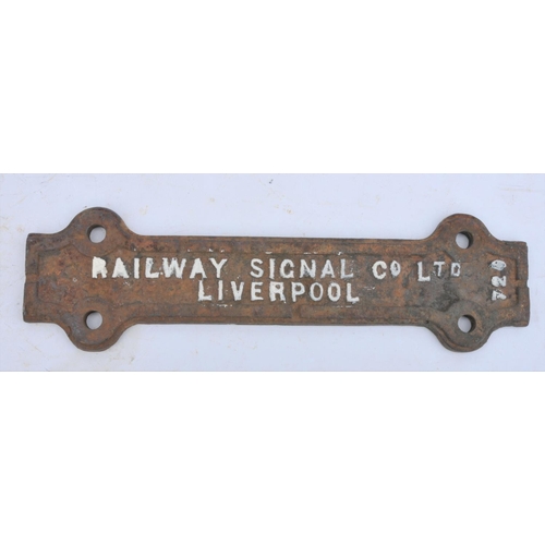 217 - Railway Signal Company Ltd, Liverpool, C/I makers plate/part of lever frame, 3 1/2