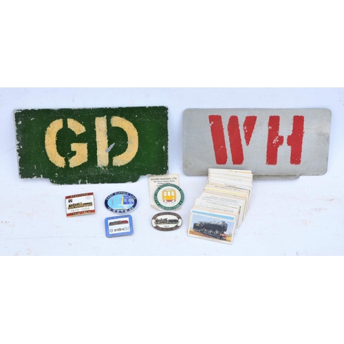 224 - London Bus allocation flanged plates - Godstone & West Ham (2), misc pin badges & weigh cards etc. (... 