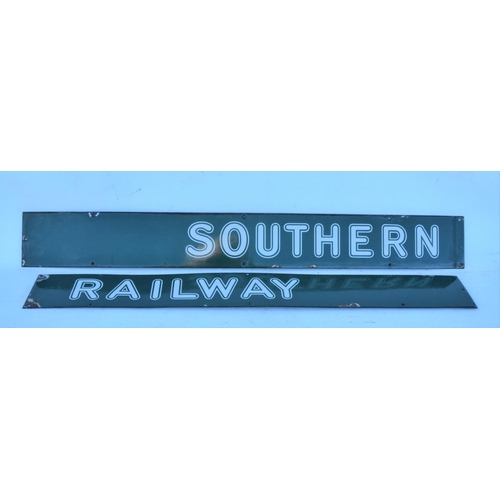 244 - Southern Railway enamel poster board header, sunshine lettering, two sections, 5