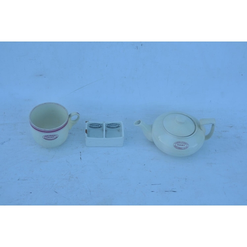 249 - London North Western Railway china, Crewe condiment dish, Crewe teacup, Rugby teapot. (3) (Postage B... 