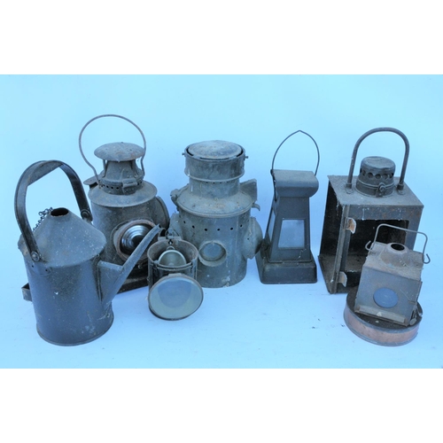 251 - Quantity of railway lamps & oil cans including signal lamp case plated 