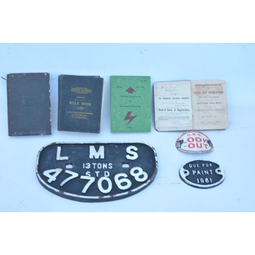 280 - Misc railway items - LMS D wagonplate, GWR Look Out armband, Due For Paint, + 4x Rule and Locomotive... 