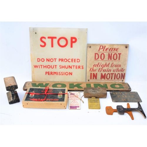 318 - Miscellaneous railway interest lot - rail sections, painted alloy dimension plate, machinery danger ... 