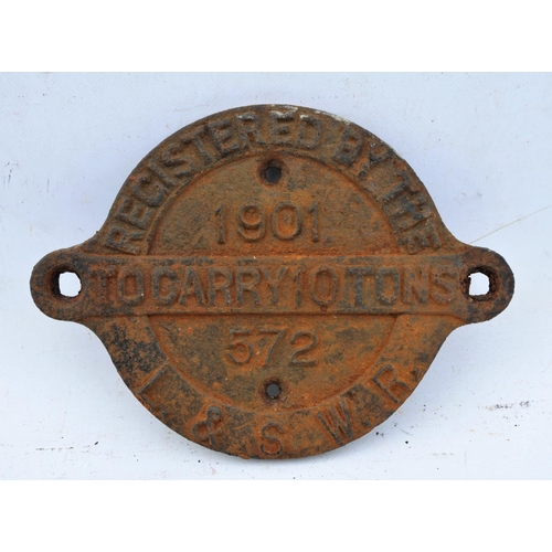 327 - London South Western Railway C/I wagon registration plates, LSWR, 572, 1901. (Postage Band: B)