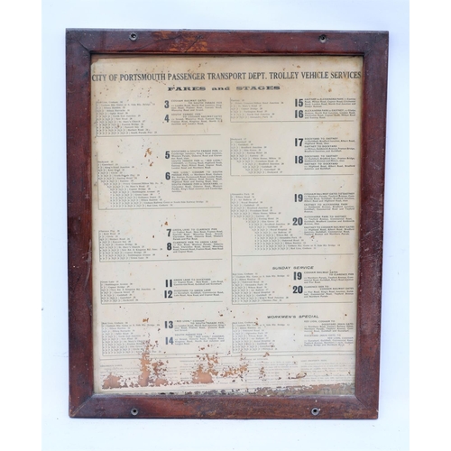 339 - Portsmouth Trolley Buses, original framed Fares & Stages Notice, a little wastage to paper, 1957, 23... 