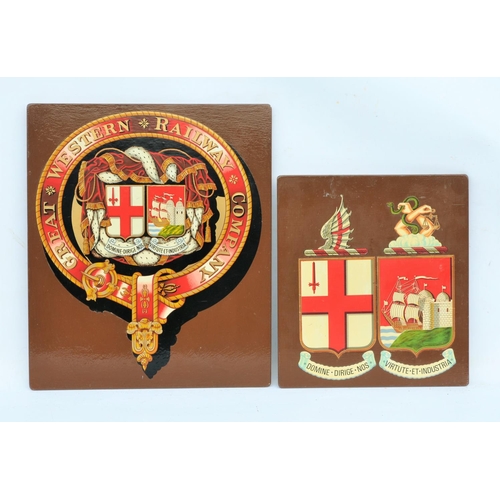 340 - Great Western Railway coats of arms, mounted on wood board. (2) (Postage Band: N/A)