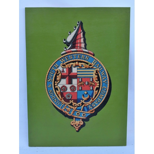 346 - London South Western Railway coat of arms mounted on wood board, 21