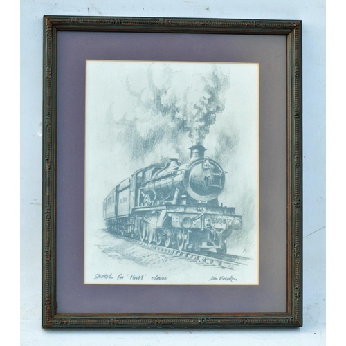 376 - Original artwork, framed & glazed sketch of Great Western Railway Hall class locomotive by Don Breck... 