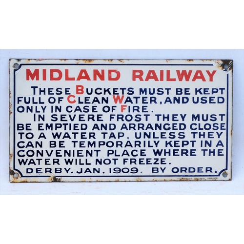 394 - Midland Railway enamel fire buckets notice, excellent condition, 6