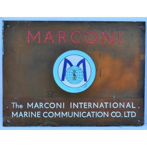 411 - Marconi Marine Communications brass wall plaque with enameled logo, 8 1/2