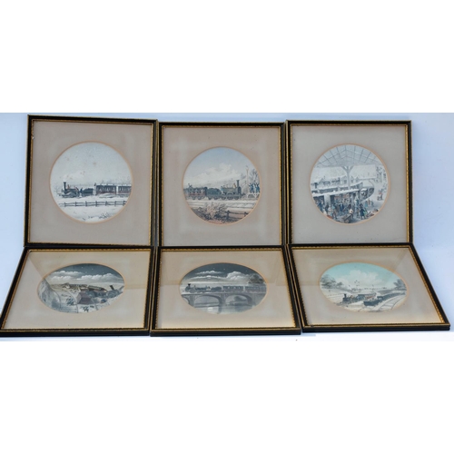 448 - Set of six early Victorian railway prints including train crash, each circular in mount, 10