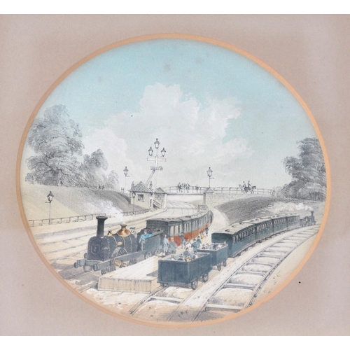 448 - Set of six early Victorian railway prints including train crash, each circular in mount, 10